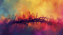Evocative image of a crown of thorns set against a dramatic backdrop of fiery and warm hues, conveying depth and emotion.