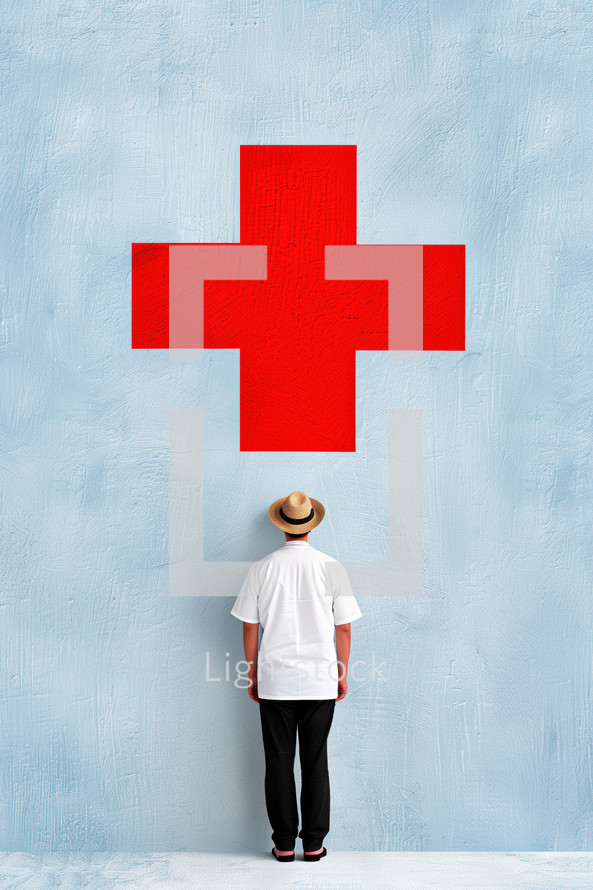 Minimalist medical poster featuring a man in a white coat and straw hat standing in front of a large red cross on a textured blue wall.