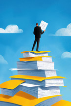 Stylized illustration of a business professional atop a tall stack of papers, reading a document under a bright blue sky, symbolizing workload and perseverance.