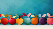 Colorful and artistic illustration of apples with paper-cut leaves on a teal background, symbolizing Rosh Hashanah and the celebration of the Jewish New Year.