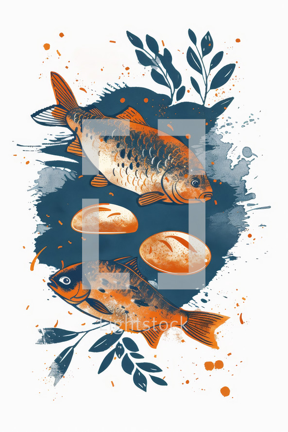 Biblical-themed artwork featuring fish and bread, symbolizing the miracle of feeding the multitude.
