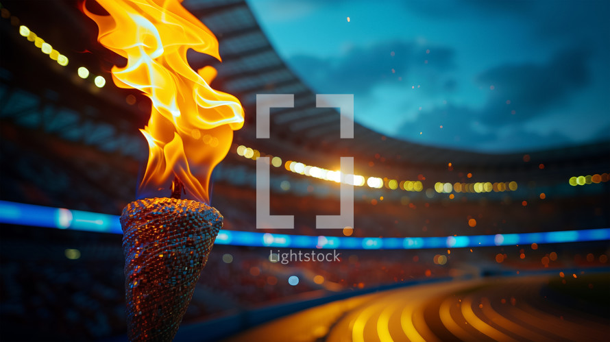 Olympic torch ablaze in a stadium for Paris 2024 Games.