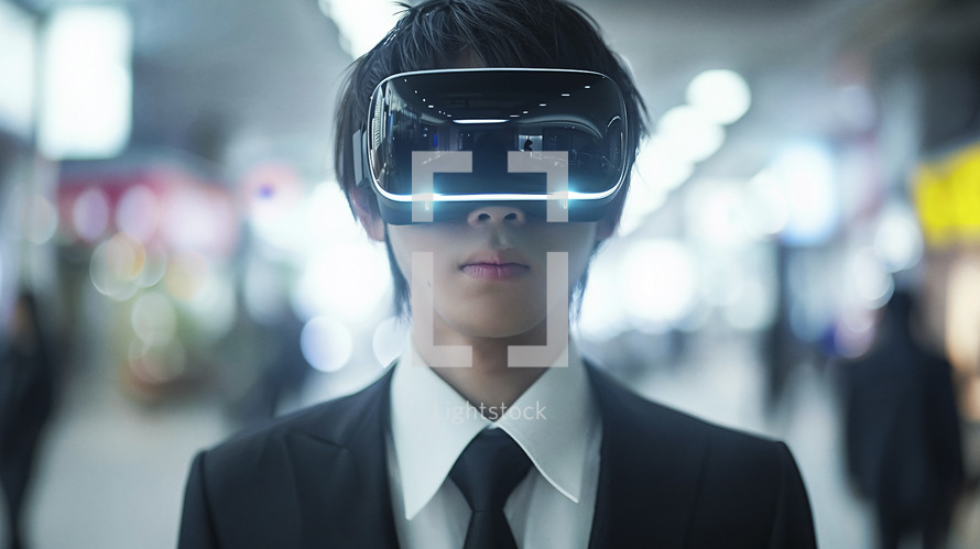 Businessman with VR headset, futuristic technology concept.