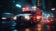 Emergency ambulance speeds through a vibrant urban landscape.