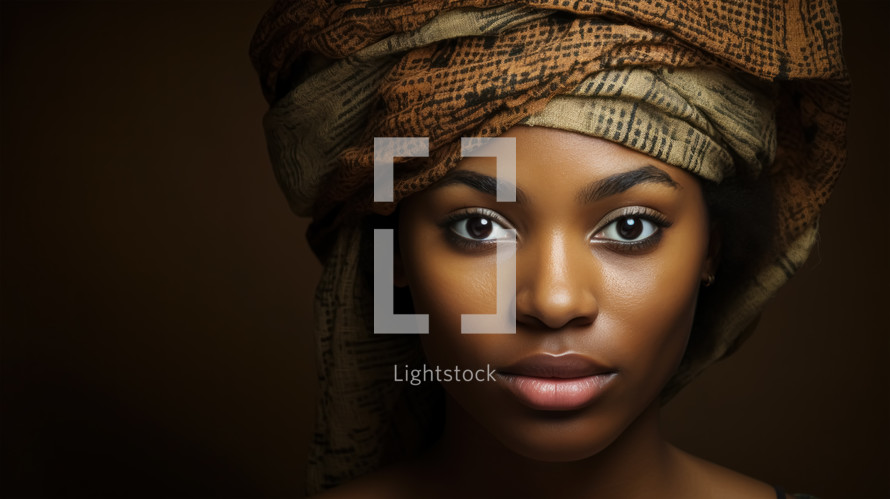 Portrait of beautiful young african woman with a headscarf looking in camera.