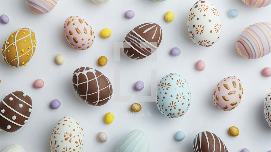 A festive display of assorted chocolate Easter eggs with decorative patterns, surrounded by colorful candy, in a bright flat lay composition.