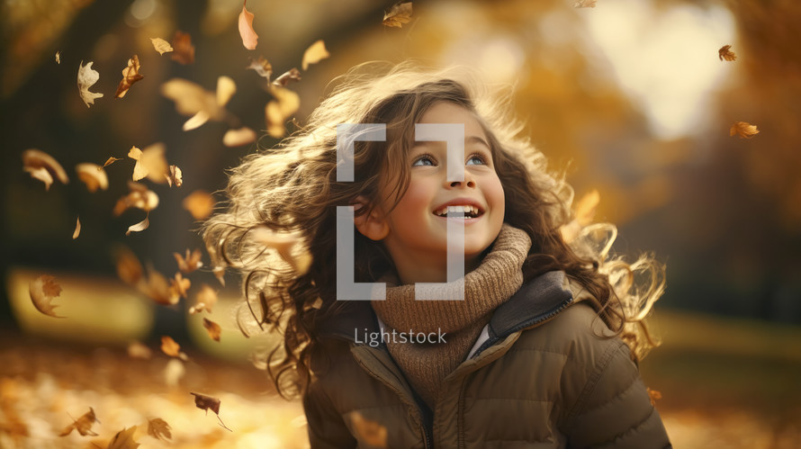 Portrait of young joyful girl having fun throwing leaves in autumn.