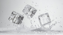 Dynamic ice cubes tumbling into water, capturing the essence of refreshment and purity.