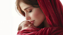 Tender digital painting of biblical Mary holding baby Jesus in a red wrap.