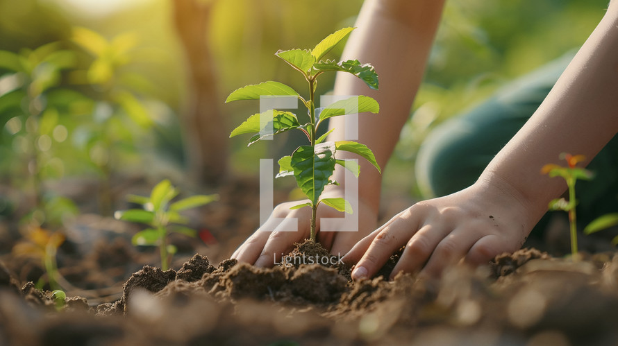 Child's hands nurturing a young plant, symbolizing growth and care for the environment.