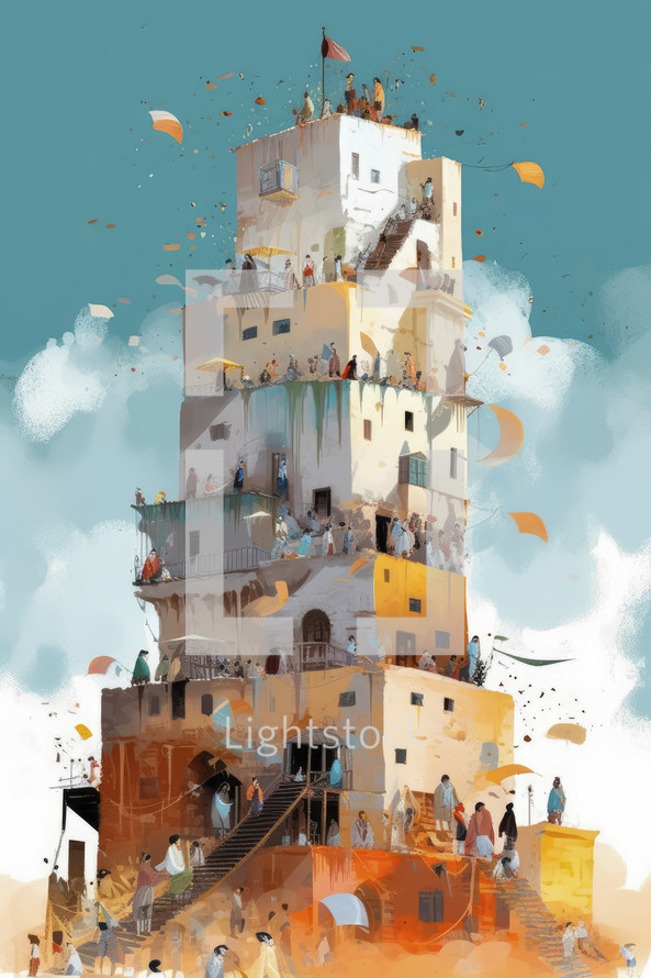 Colorful painting art of the tower of Babel. Christian illustration.