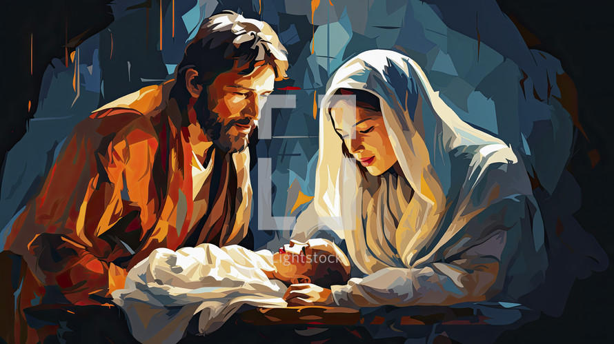 Portrait of Mary and Joseph with baby Jesus in a manger. Nativity of Jesus. Christmas concept.