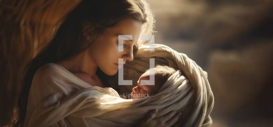 Portrait of Mary with baby Jesus in his arms. Nativity of Jesus. Christmas concept.