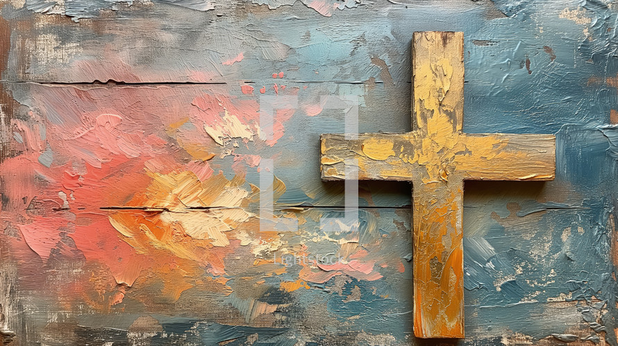 Textured vintage painting of a minimalist wooden cross, with a background of rich, abstract brushstrokes in warm and cool tones.