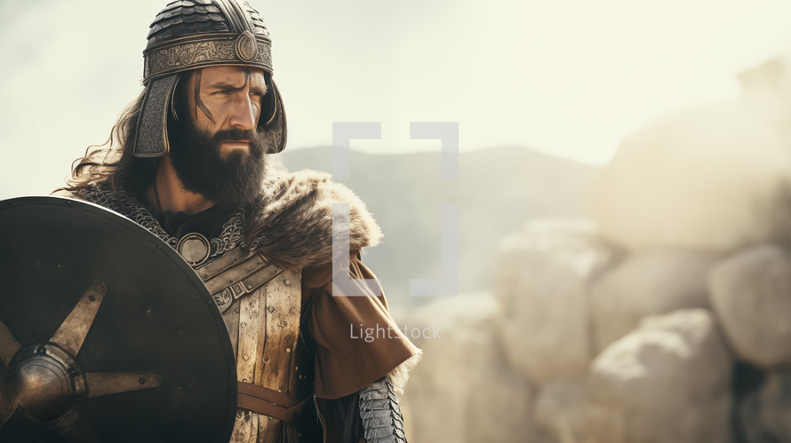 Portrait of a biblical warrior with a helmet and shield in the desert. Old testament concept. 