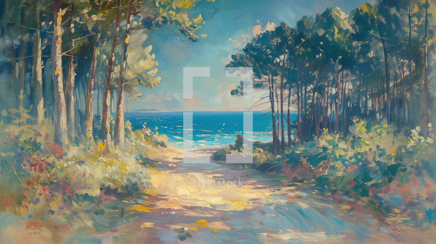 Vintage painting depicting a sandy path through a coastal pine forest leading to the bright blue sea, capturing the essence of a Northern French beach.