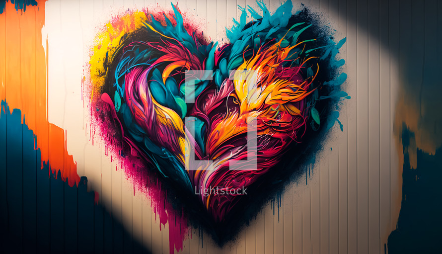 Colorful AI art of graffiti heart on wall.