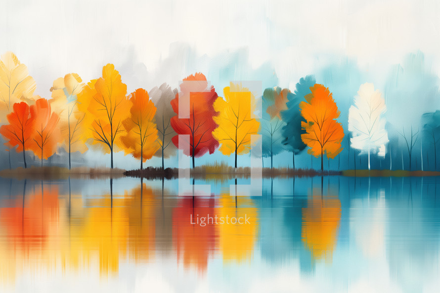 Impressionist-style autumn landscape with vibrant trees reflecting on calm water, capturing serene and tranquil fall colors.