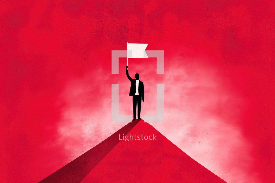 Minimalist leadership concept with a silhouetted figure holding a flag atop a peak, set against a bold red background.