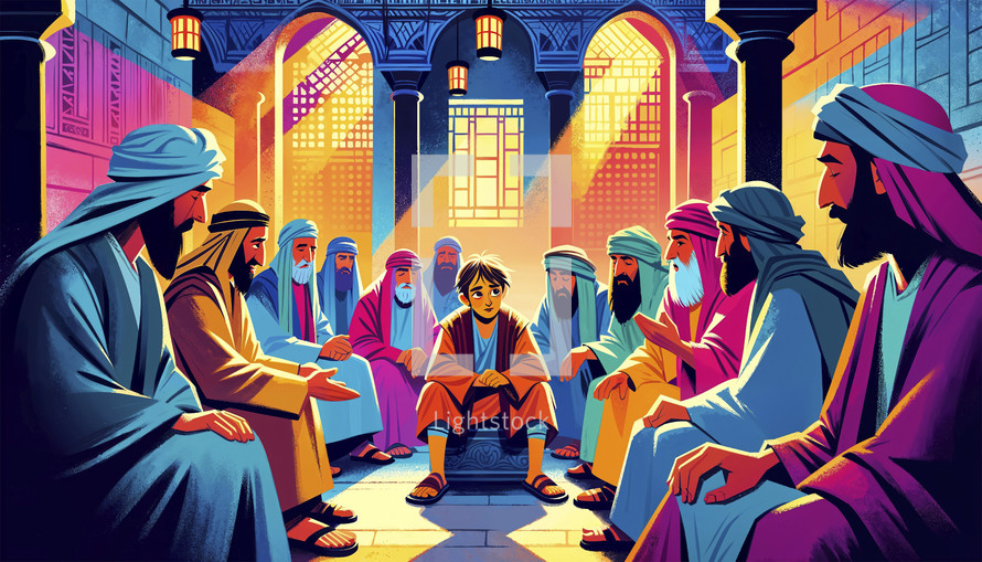 Illustration of young Jesus with Pharisees, Temple discussion, vibrant colors.