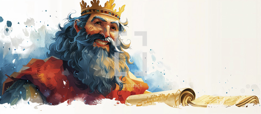 Whimsical digital artwork of King Solomon with a golden crown and ancient scroll.