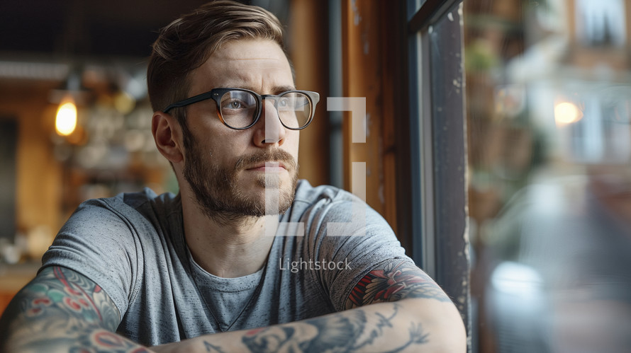 Pensive man in cafe, tattooed arms, trendy glasses.