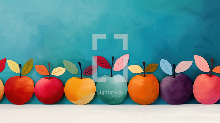 Colorful and artistic illustration of apples with paper-cut leaves on a teal background, symbolizing Rosh Hashanah and the celebration of the Jewish New Year.