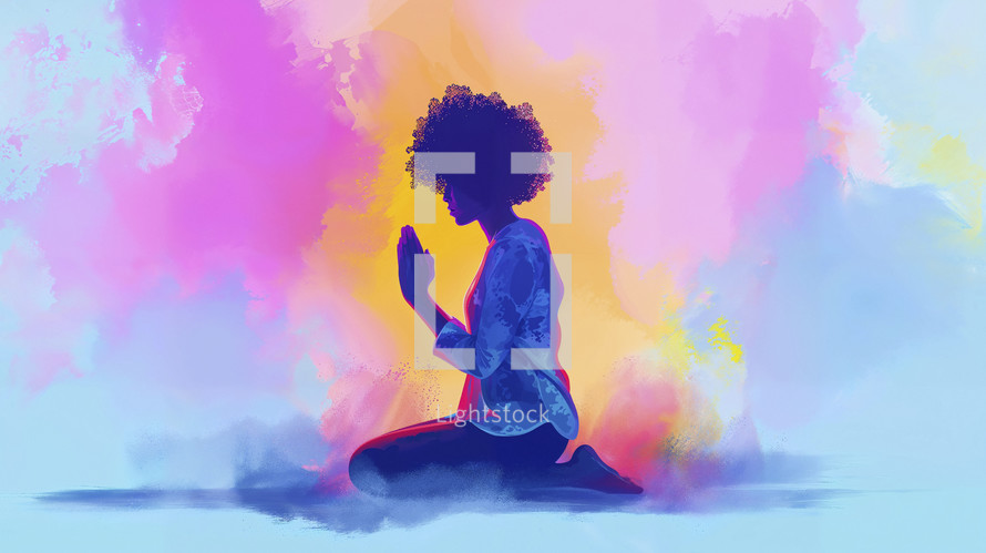 A young Afro-American woman is depicted in a serene state of prayer, her profile set against a soft, dreamlike fusion of pastel colors, evoking a sense of peace and devotion.