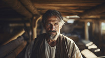 Portrait of the biblical carpenter Joseph in his workshop. Christian scene.