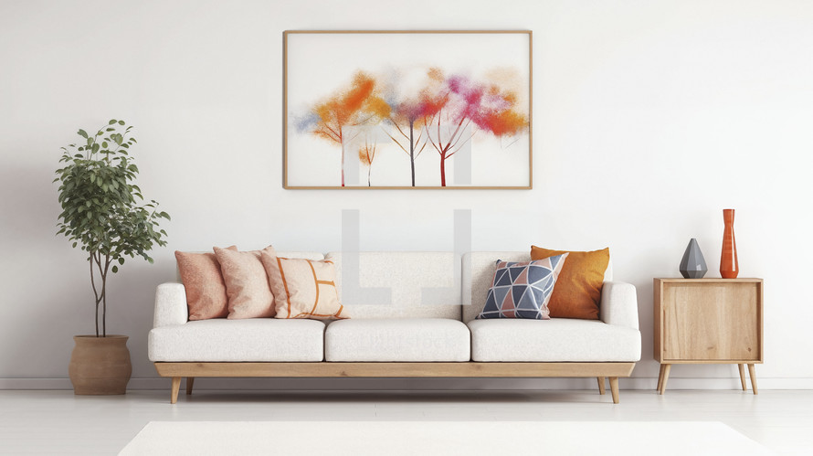 Elegant living room with a neutral-toned sofa, vibrant throw pillows, and abstract wall art.