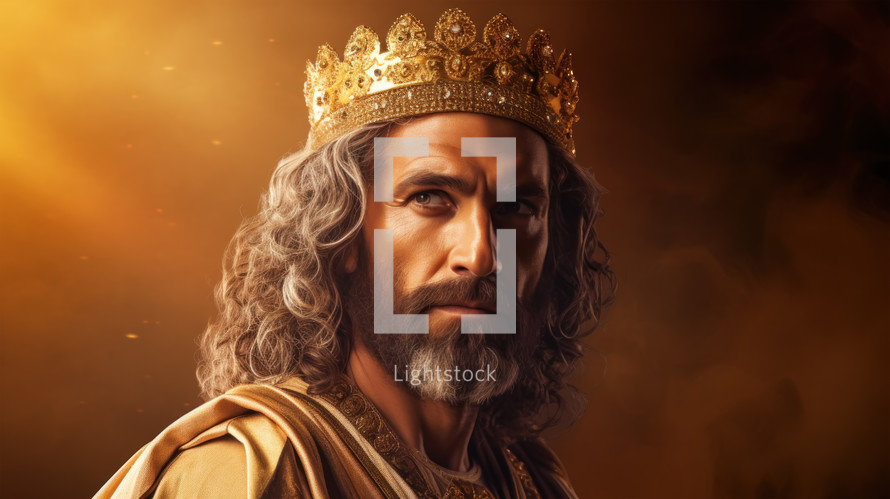 Portrait of the biblical King David with golden crown. Christian illustration.