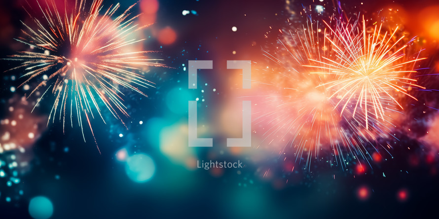 Colorful fireworks background and bokeh. Christmas, Happy New Year, wedding or birthday concept.