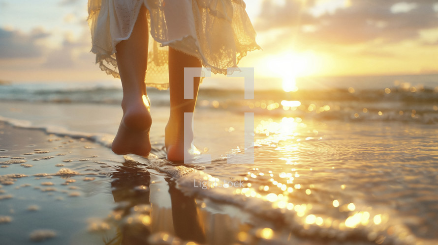 Woman walking on beach at sunset, golden hour light, reflective water.