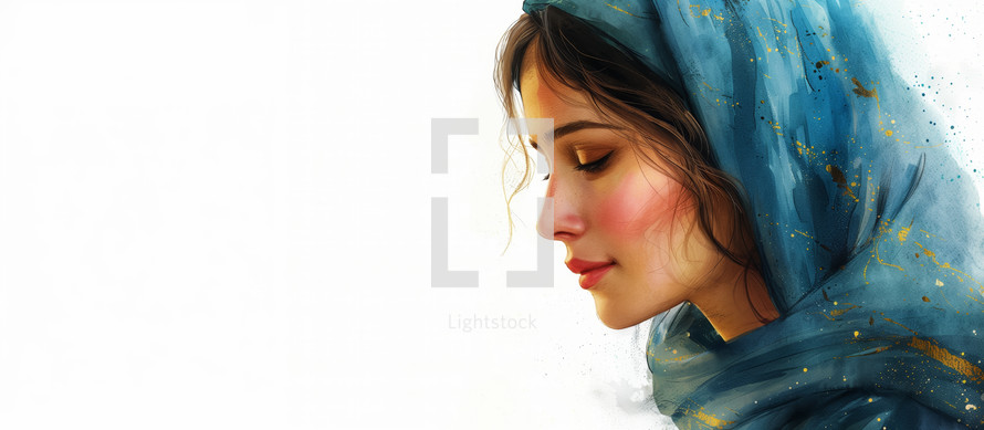 Close-up digital art of biblical Mary with a contemplative gaze, draped in a blue scarf with gold specks.