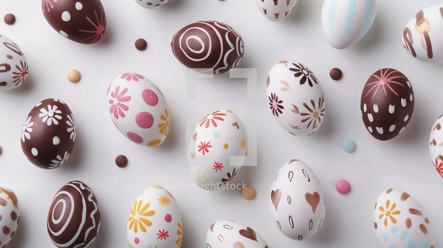 A charming collection of chocolate Easter eggs with hand-drawn patterns, alongside small candy eggs, artfully arranged on a white background.