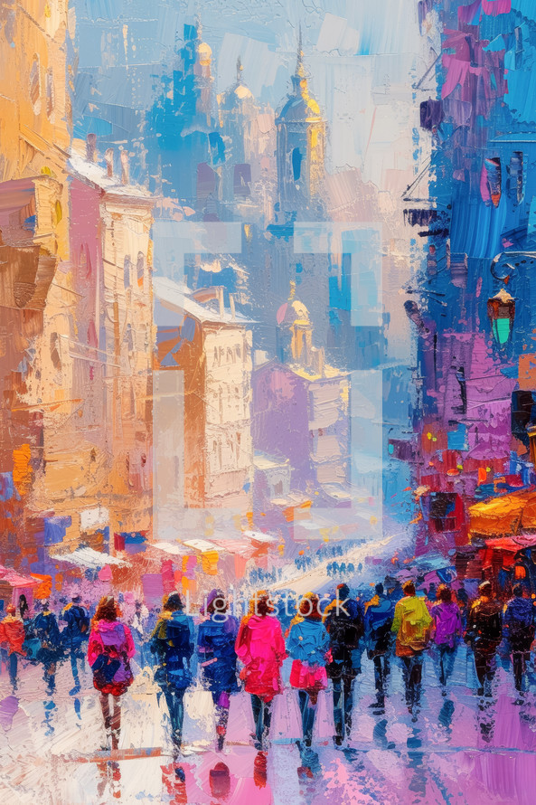 Vibrant abstract cityscape painting of Marseille with pedestrians, oil on canvas, impressionist style.