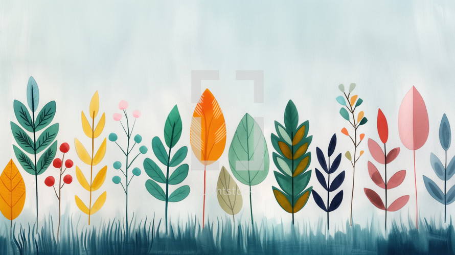 Colorful botanical illustration of various whimsical leaves and plants arranged in a row, set against a light gradient background. A playful and vibrant depiction of nature.