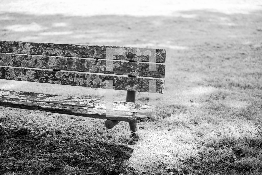 a weathered park bench along a shore 