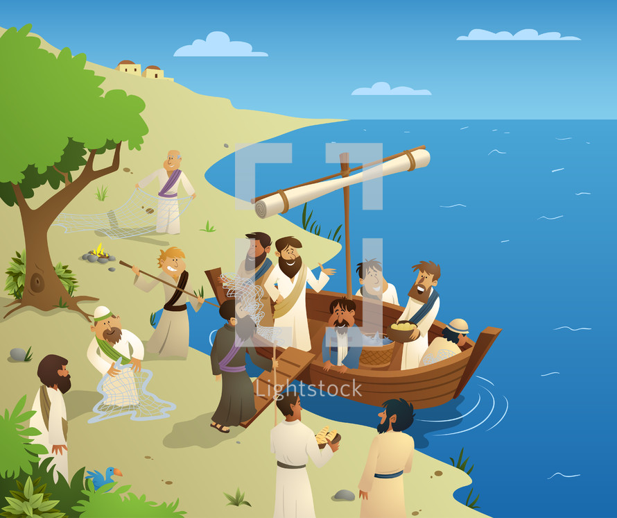 biblical figures entering a boat 