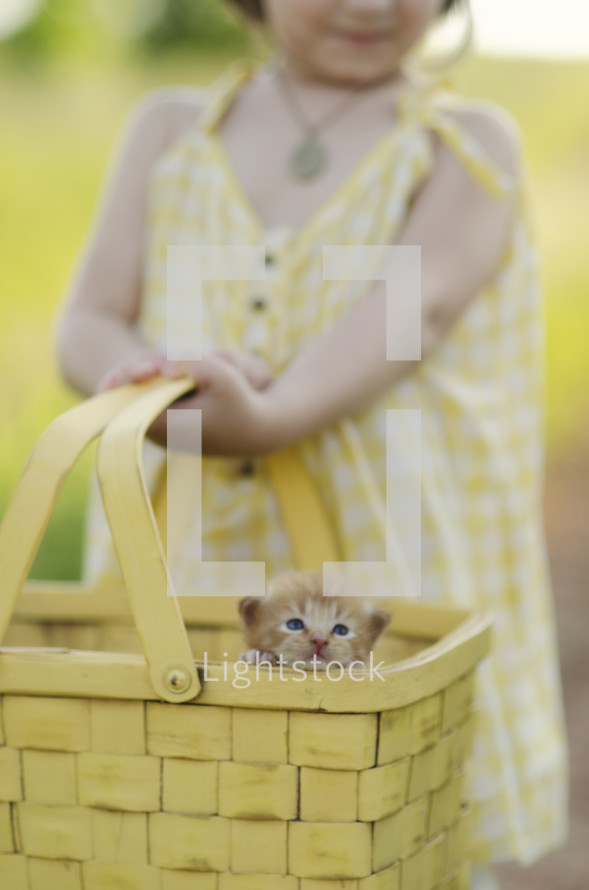 Girl holding basket with kitten