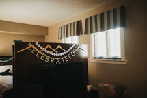 celebrate love banner in a dressing room for a wedding 