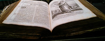 An Old Bible Manuscript fully illustrated with wood carving, etchings, illustrations and old english type face font printed on an old manual printer. 