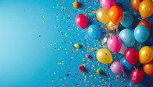 Colorful balloons and confetti on blue background. Party concept.