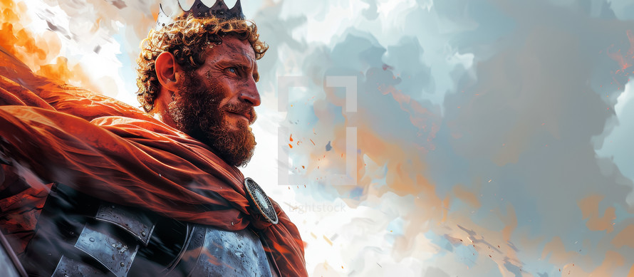 Epic portrayal of King David clad in armor with a backdrop of smoke and sky.