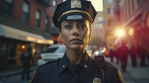 Portrait of a female smiling police officer in urban background.
