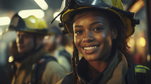 Portrait of a smiling female firefighter with helmet in urban background.