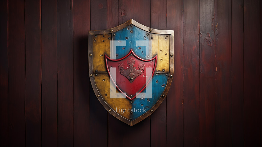 Colorful vintage shield hanging on a wood wall. 