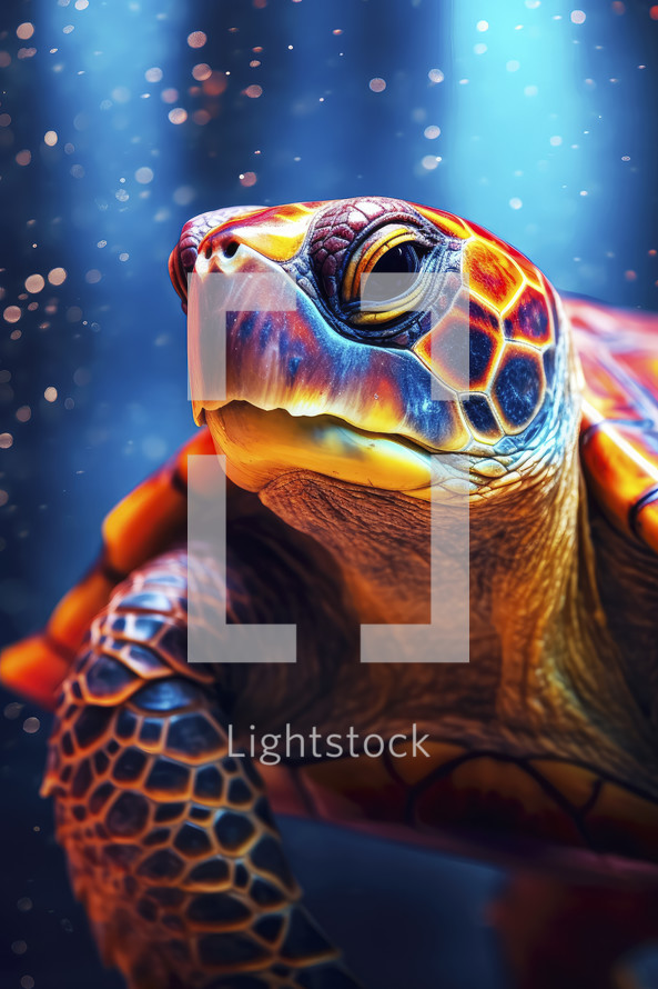 Close-up portrait of a green Sea Turtle with colorful vibes. Wildlife animals.