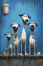 Portrait of a oil painting portrait of funny and happy dogs on blue background.