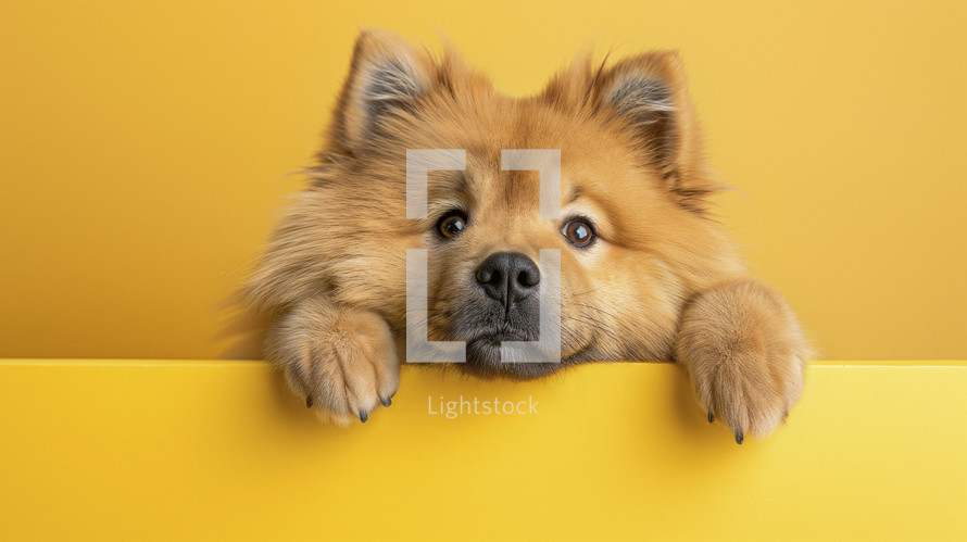 Fluffy Chow Chow dog peeking over a yellow surface with wide, endearing eyes and a soft, golden coat.